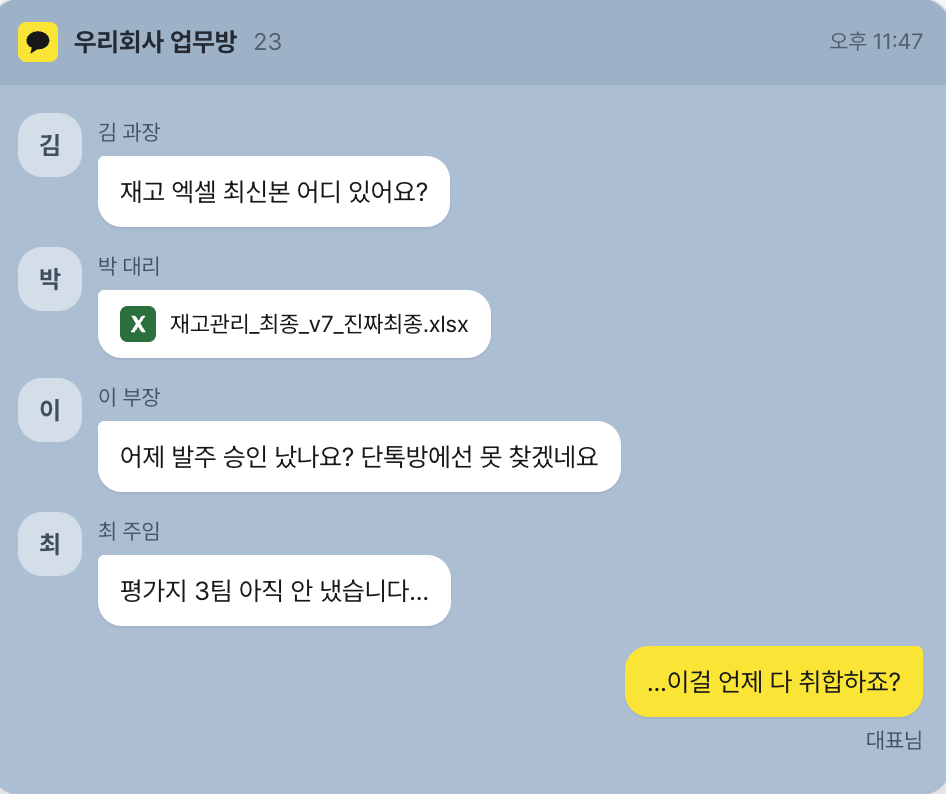 우리회사 업무방 — 재고 엑셀 최신본은 어디 있는지, 발주 승인은 났는지 서로 묻는 단톡방